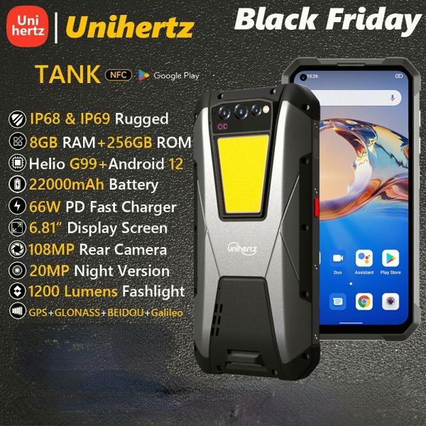 Unihertz TANK Rugged Night Vision Smartphone, Cell Phone, Mobile Phone, 22000 mAh, 8GB, 256GB, 108M Camera, 66W PD, Helio G99